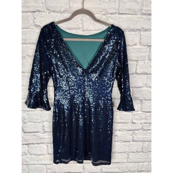 LULUS Women's Teal Blue Long Bell Sleeve Sequin Mini Dress Size Small - Picture 5 of 5